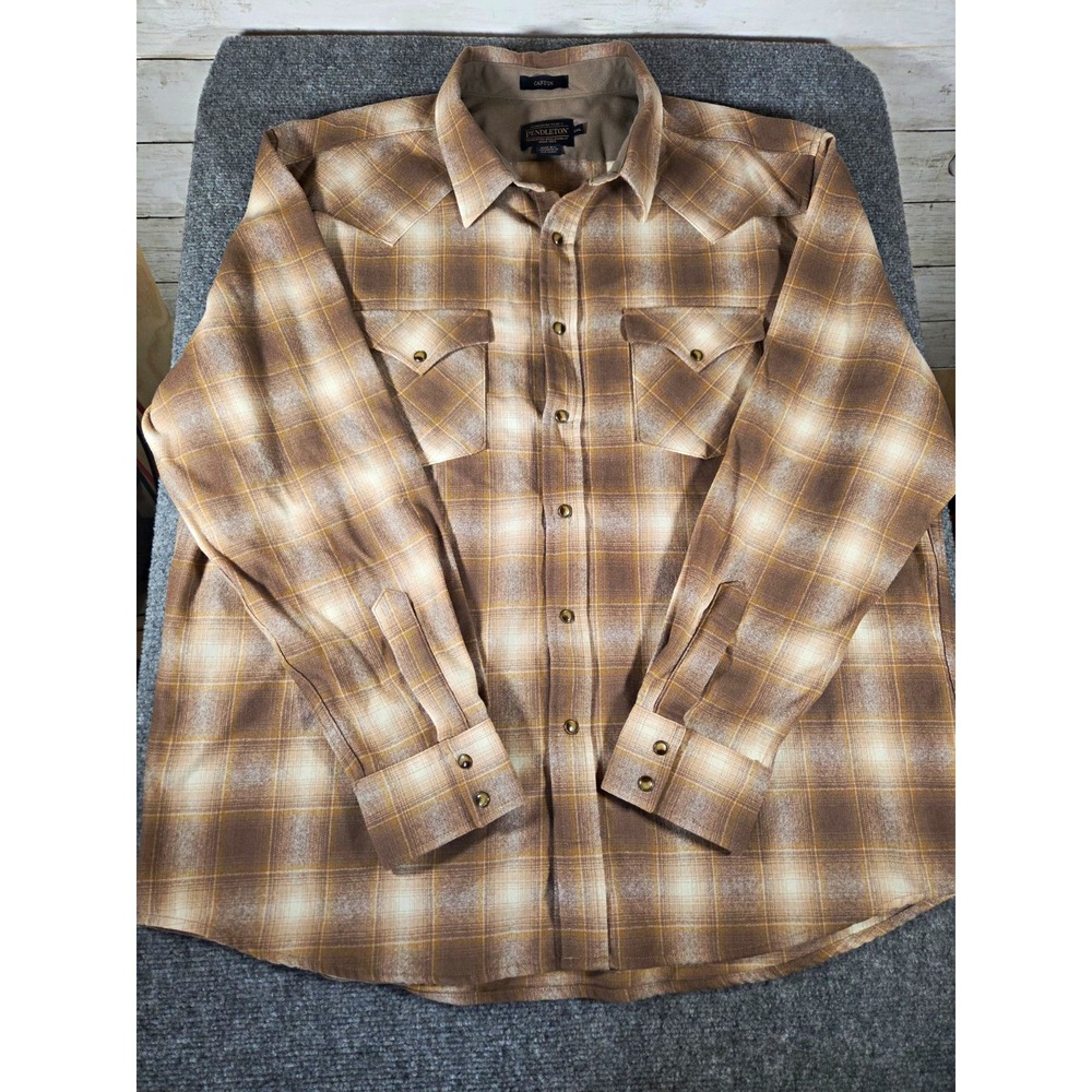 Pendleton Canyon Mens XXL Virgin Wool Plaid Western Pearl Snap Shirt Tan